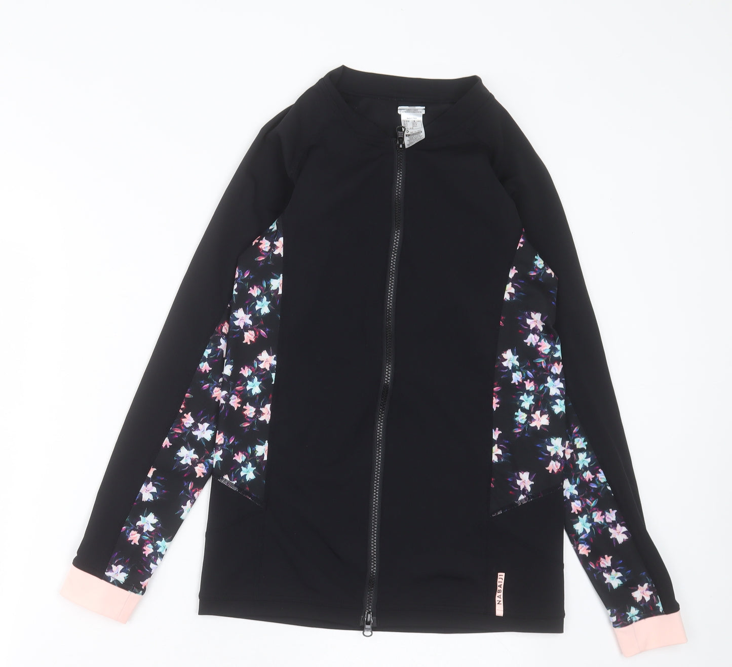 DECATHLON Womens Black Floral Polyester Basic Casual Size M Crew Neck Zip