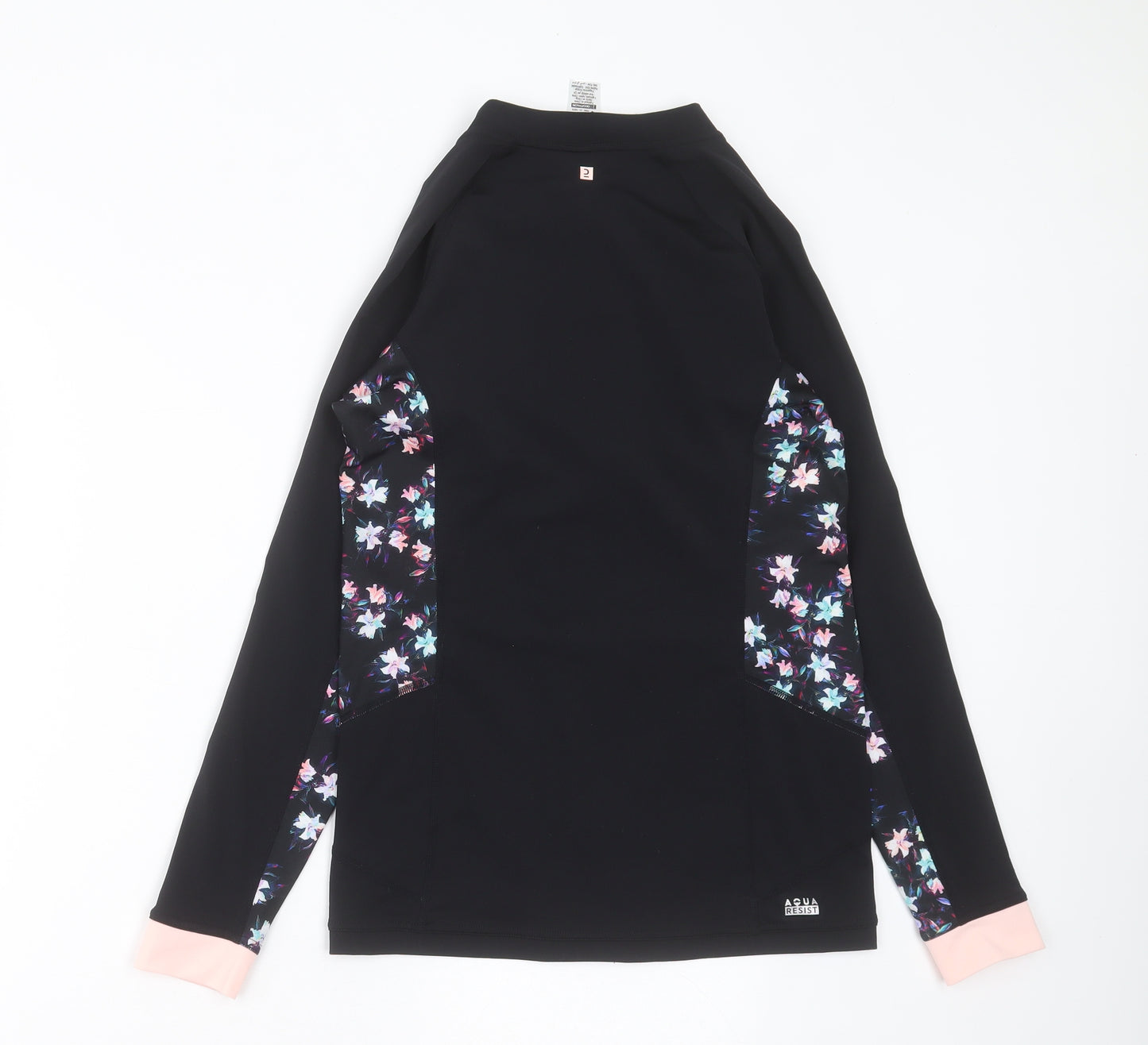 DECATHLON Womens Black Floral Polyester Basic Casual Size M Crew Neck Zip