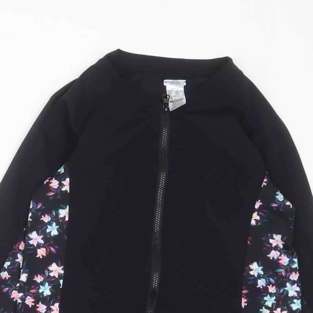 DECATHLON Womens Black Floral Polyester Basic Casual Size M Crew Neck Zip