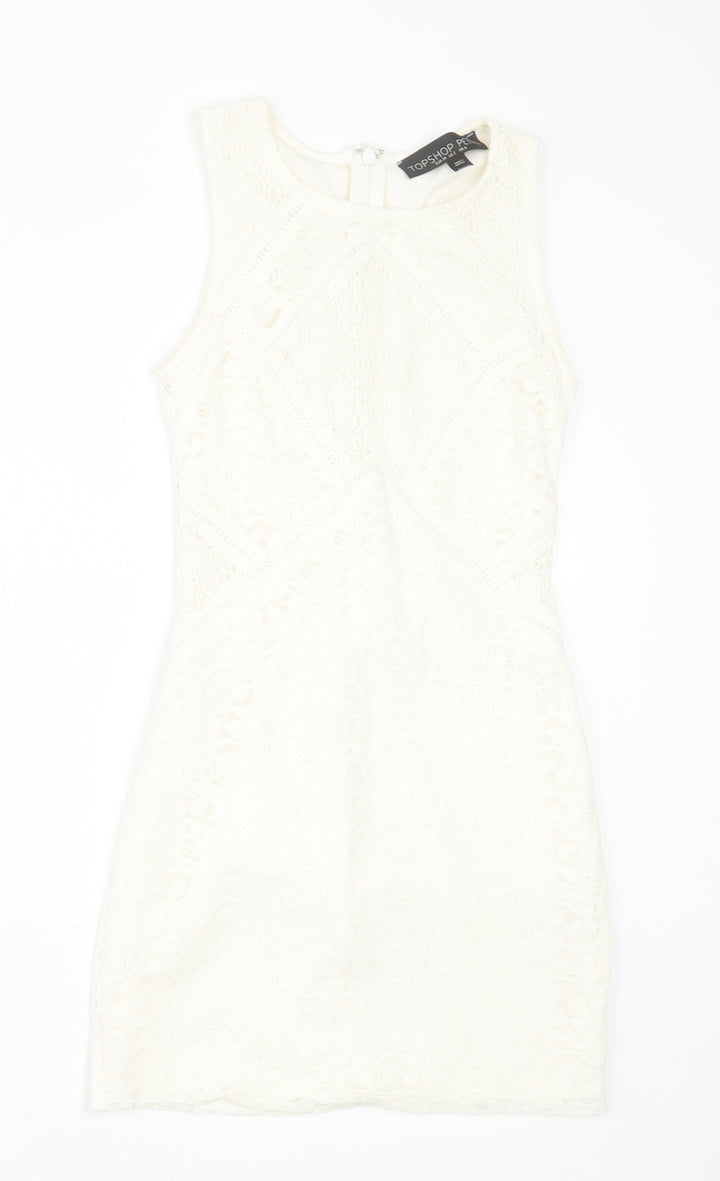 Topshop Womens White  Nylon Bodycon  Size 6  Crew Neck Zip