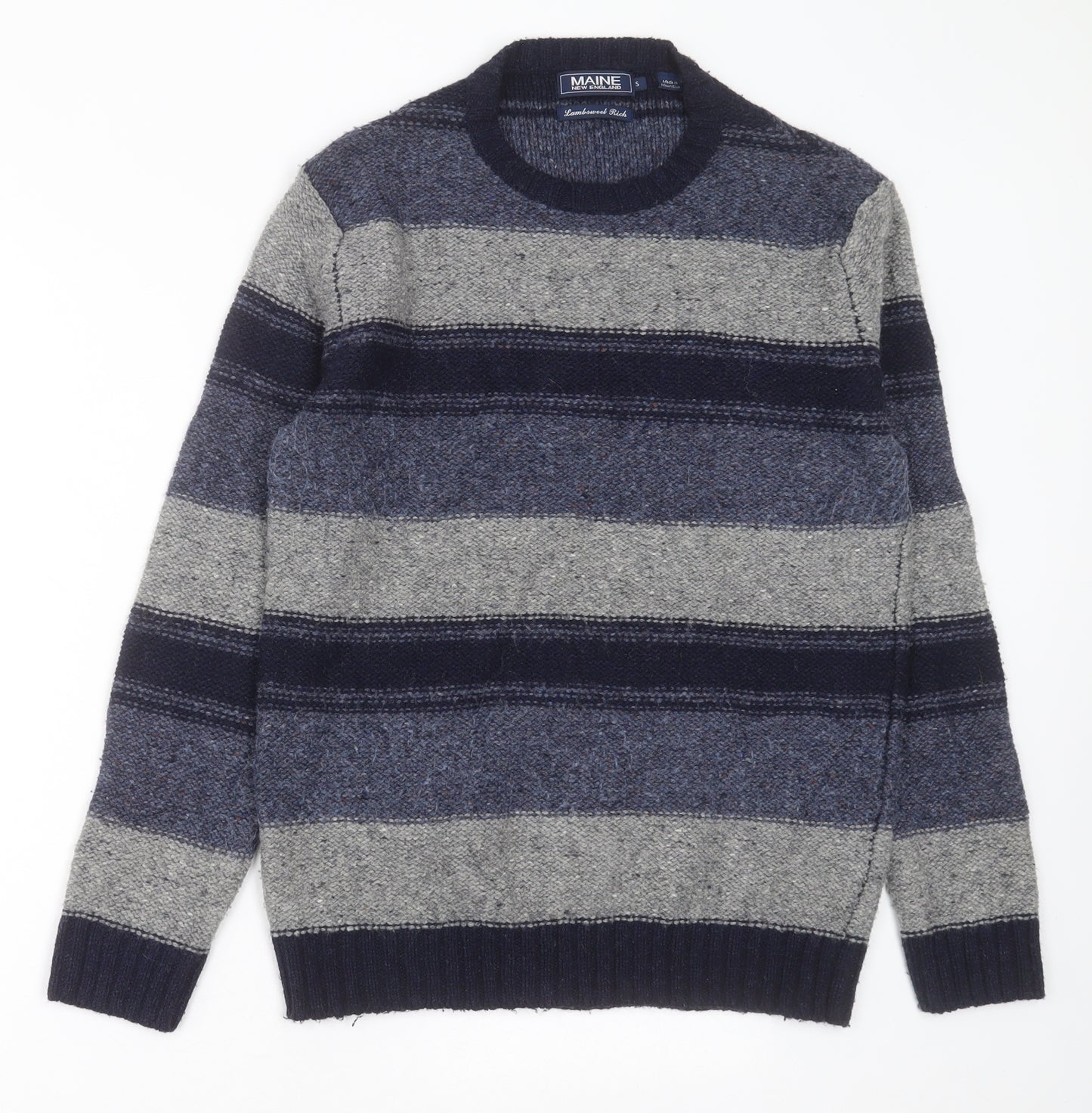 Maine Mens Blue Crew Neck Striped Wool Pullover Jumper Size S