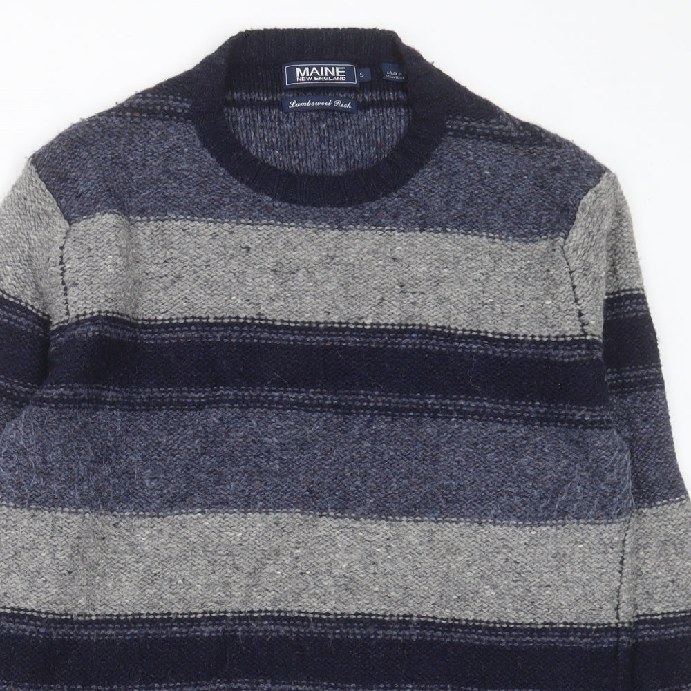 Maine Mens Blue Crew Neck Striped Wool Pullover Jumper Size S
