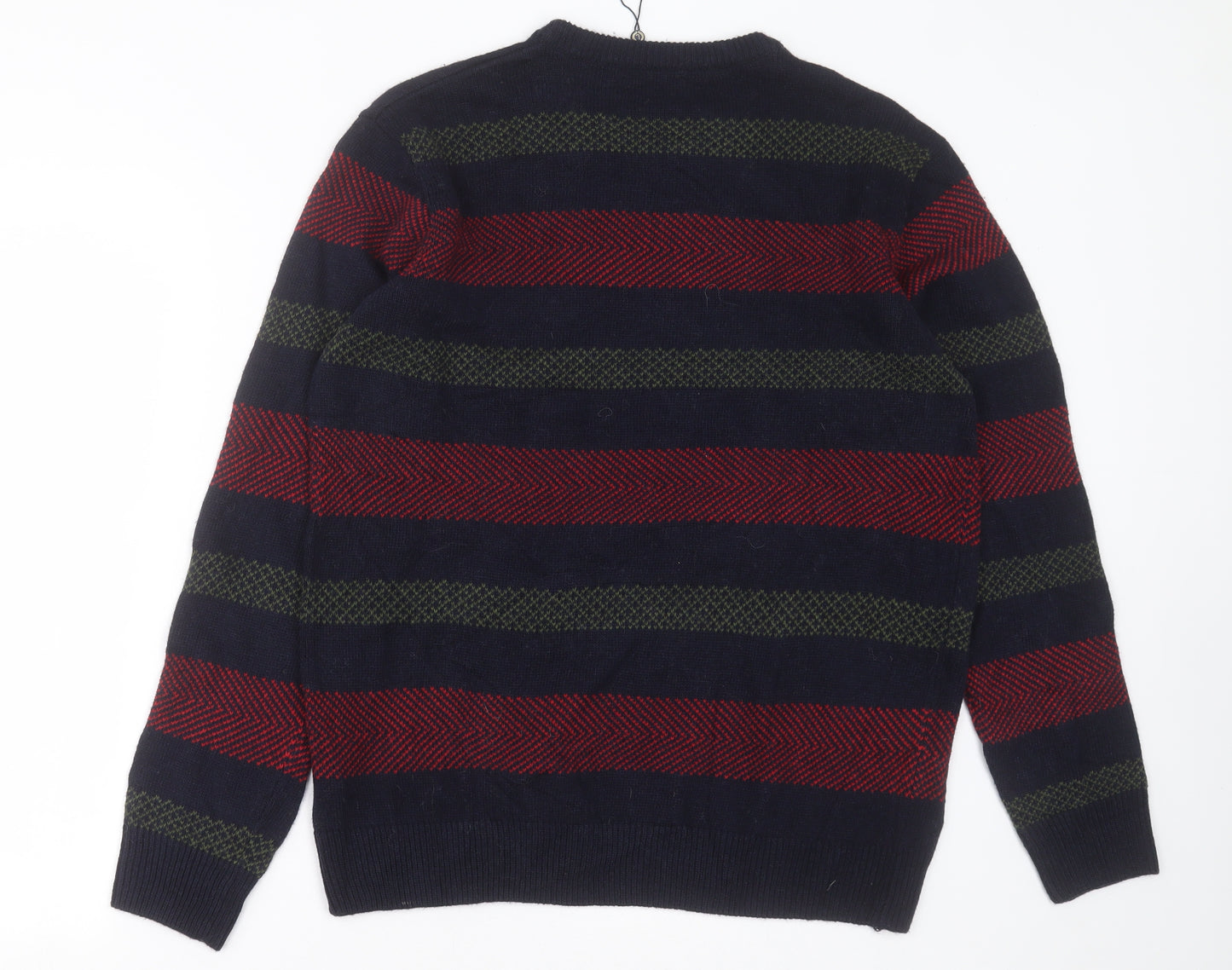 Lincoln Mens Blue Crew Neck Striped Wool Pullover Jumper Size M