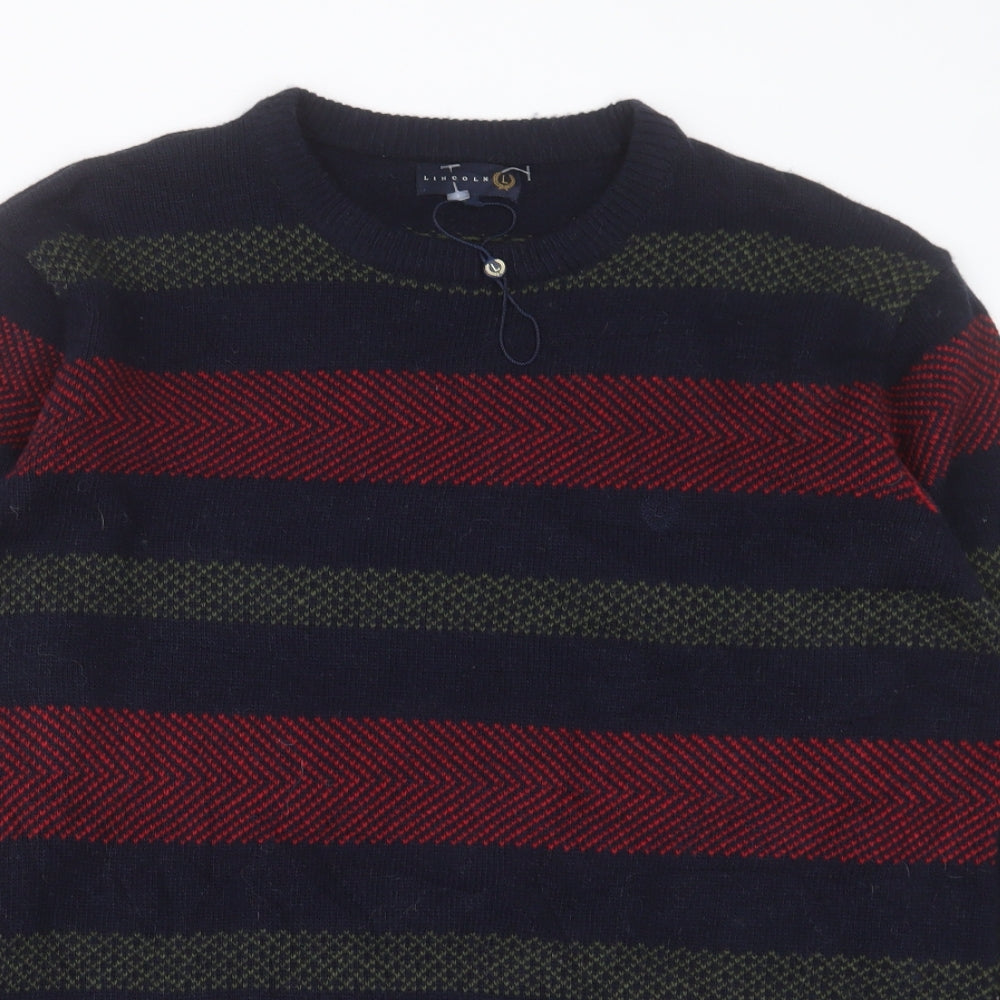 Lincoln Mens Blue Crew Neck Striped Wool Pullover Jumper Size M