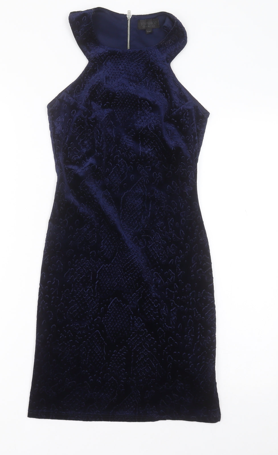 Topshop Womens Blue Geometric Polyester Bodycon  Size 6  Crew Neck Zip