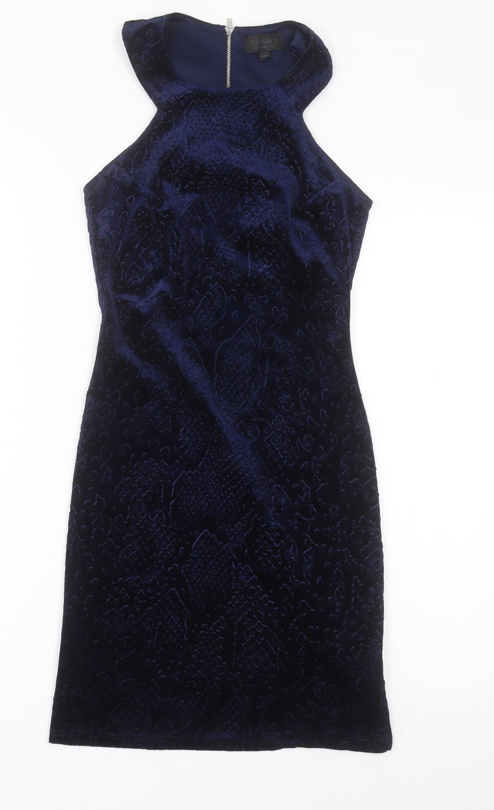 Topshop Womens Blue Geometric Polyester Bodycon  Size 6  Crew Neck Zip