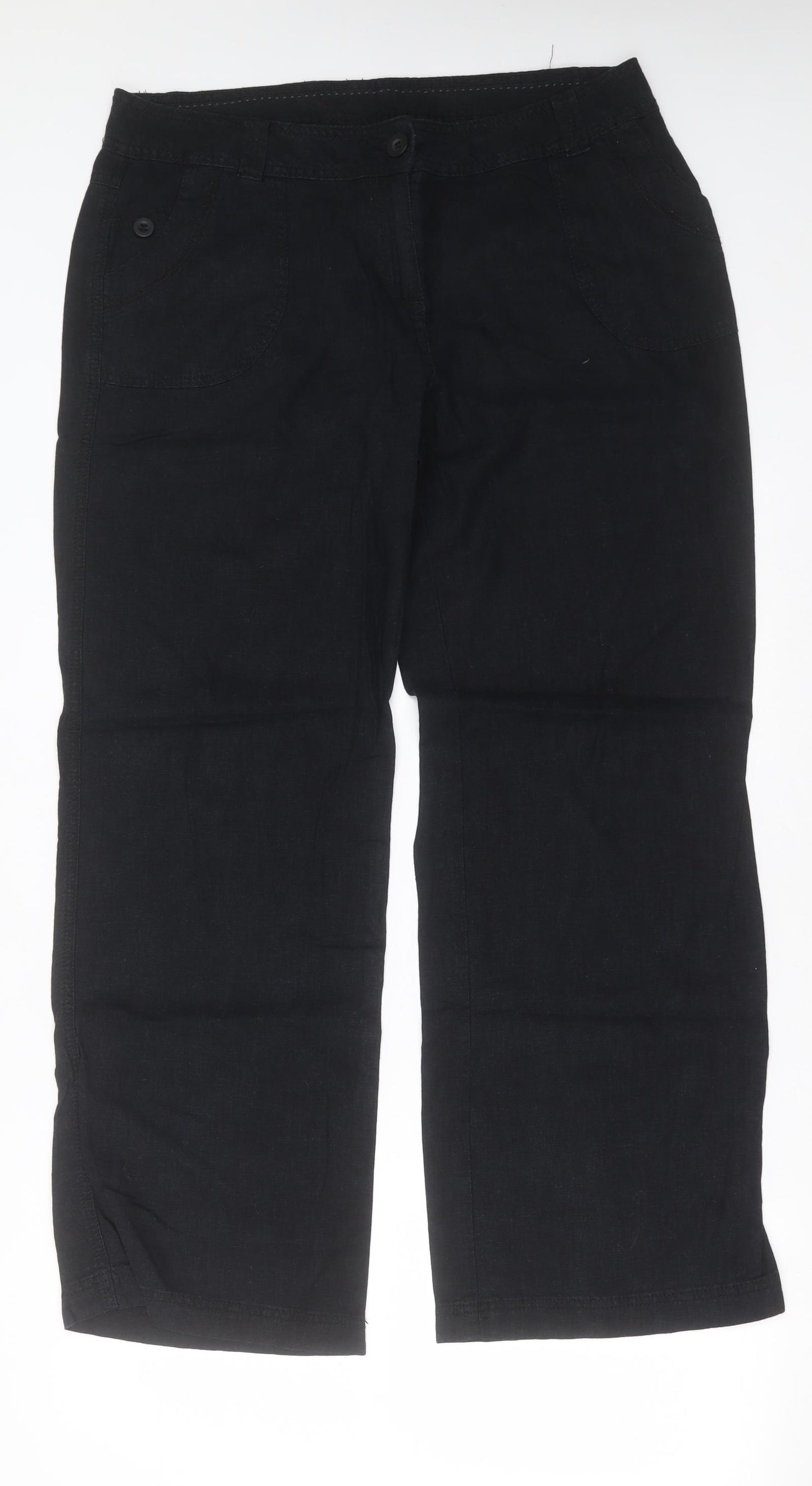 Marks and Spencer Womens Black  Linen Trousers  Size 16 L30 in Regular Button