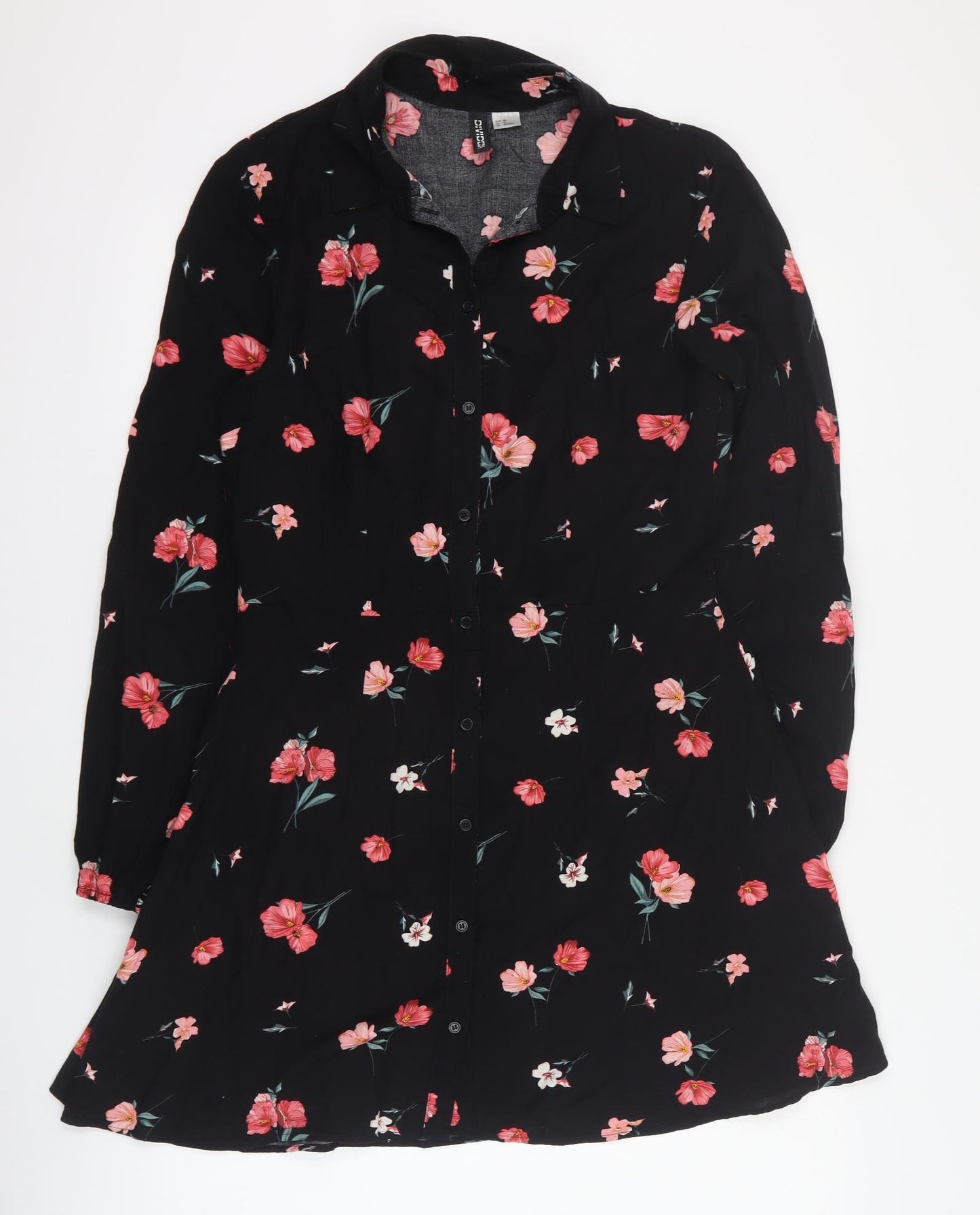 H&M Womens Black Floral Viscose Shirt Dress  Size 10  Collared Button