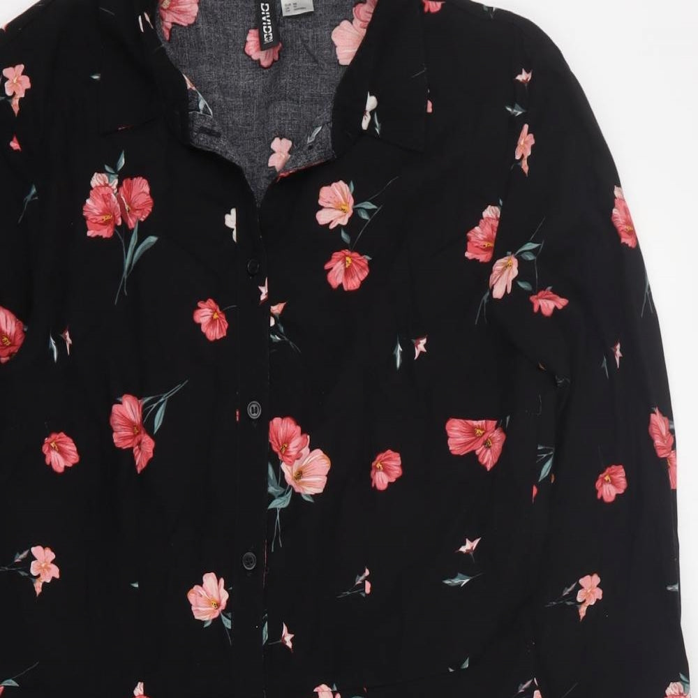 H&M Womens Black Floral Viscose Shirt Dress  Size 10  Collared Button