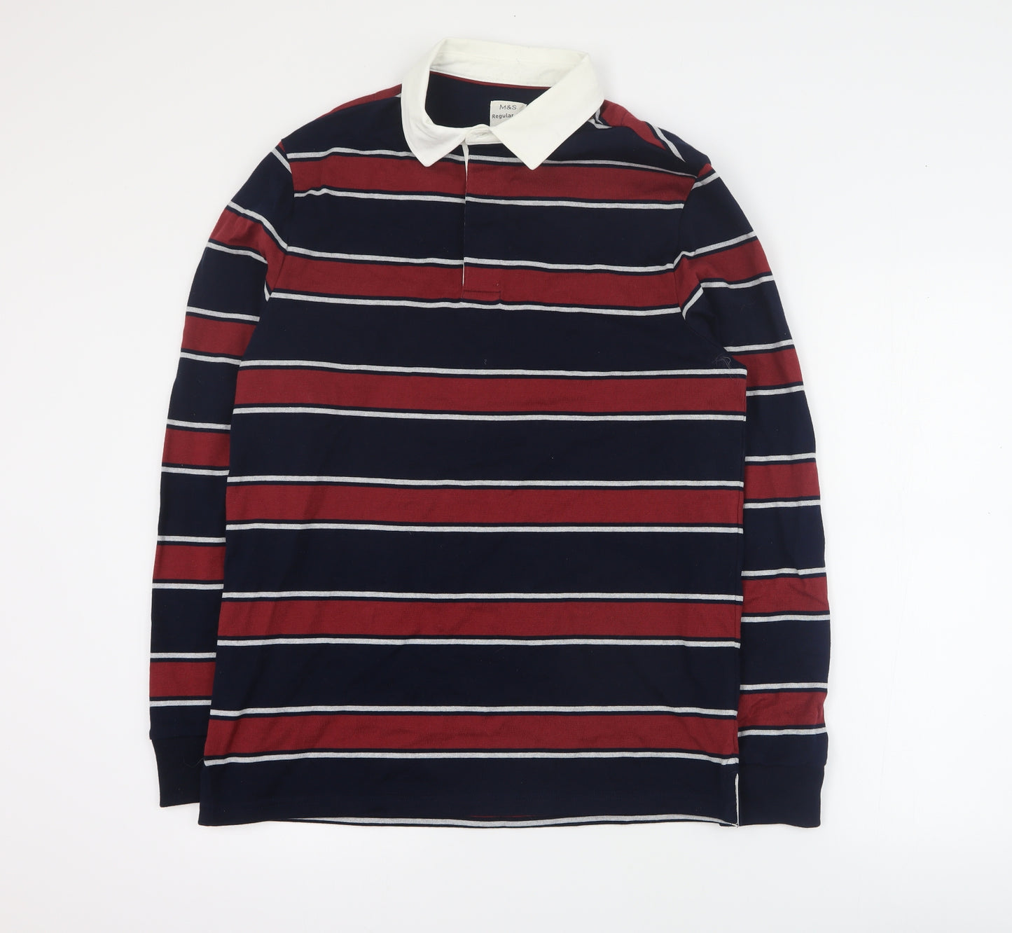 Marks and Spencer Mens Red Striped 100% Cotton  Polo Size M Collared Pullover