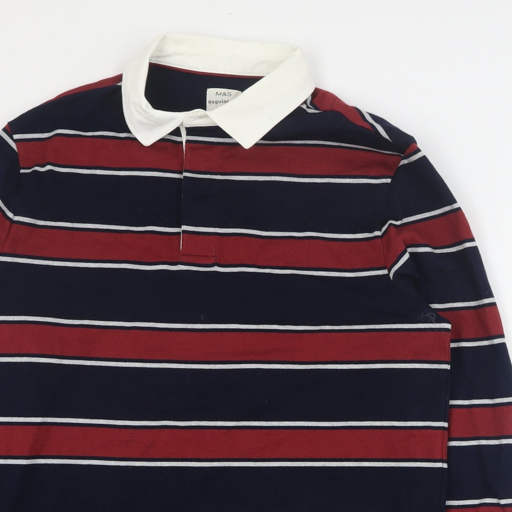 Marks and Spencer Mens Red Striped 100% Cotton  Polo Size M Collared Pullover