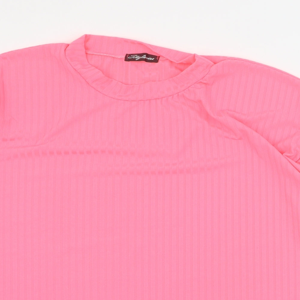 Stylewise Womens Pink  Polyester Basic T-Shirt Size M Mock Neck - Ribbed