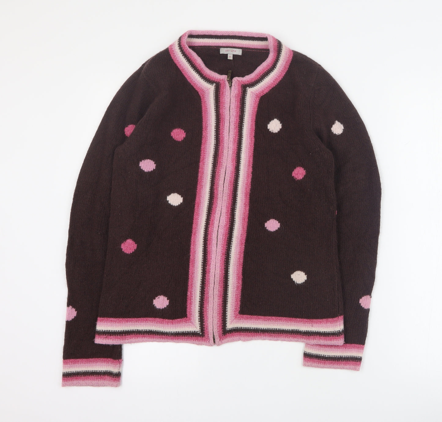 Per Una Womens Brown Round Neck Polka Dot Wool Full Zip Jumper Size M