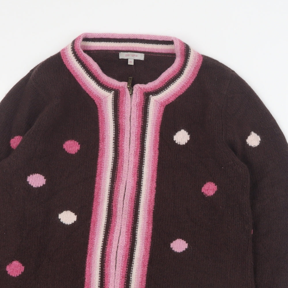 Per Una Womens Brown Round Neck Polka Dot Wool Full Zip Jumper Size M