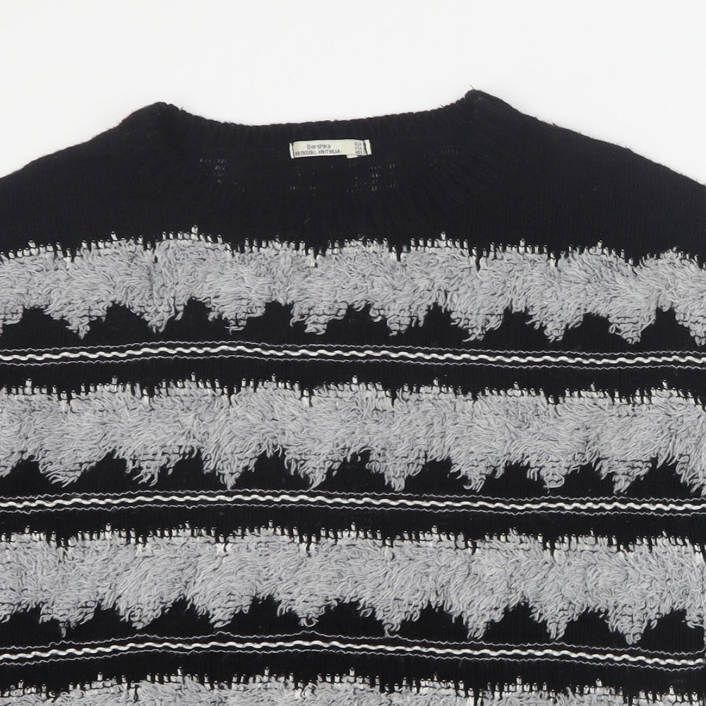 Bershka Womens Grey Round Neck Striped Acrylic Pullover Jumper Size M