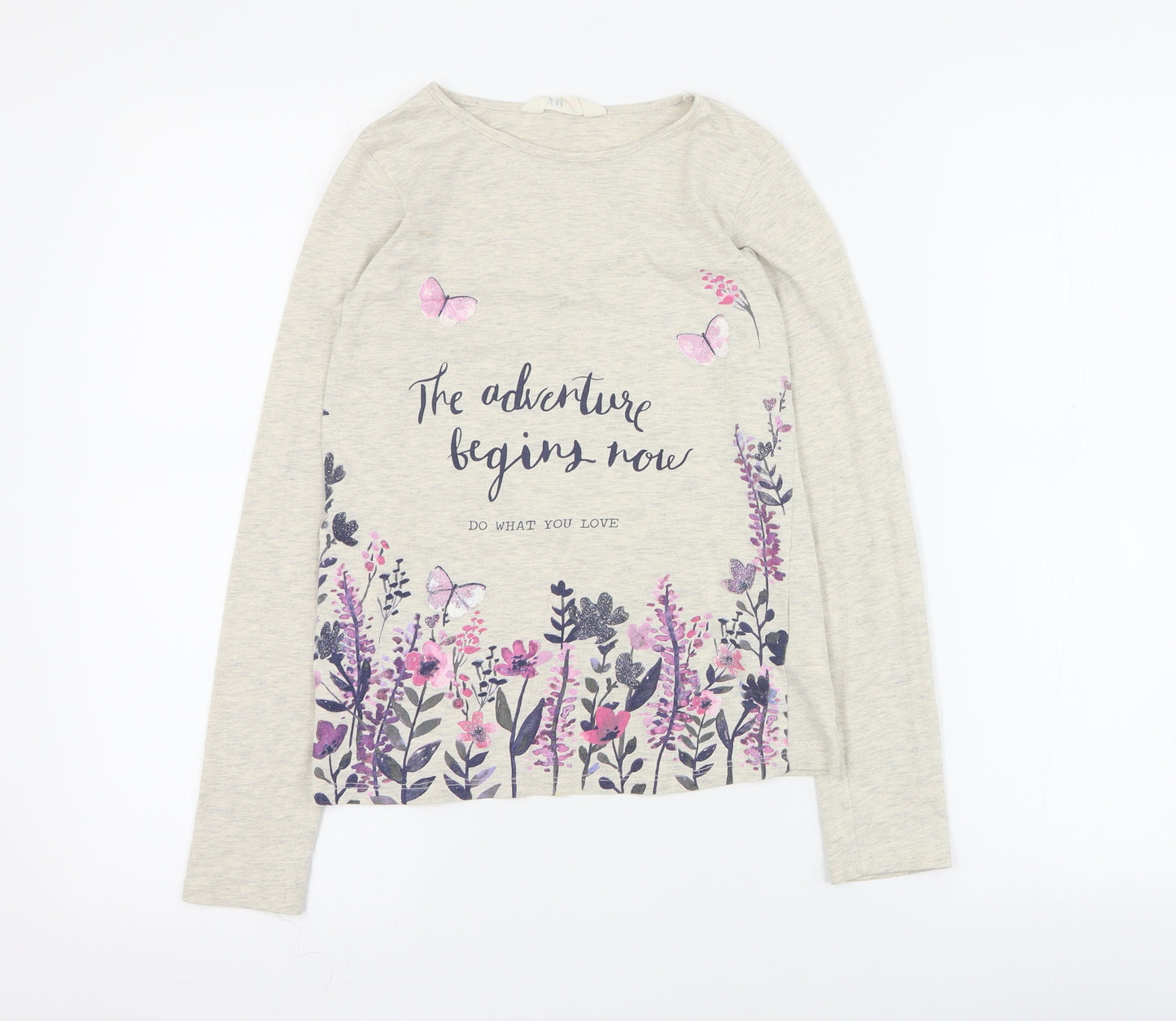H&M Girls Beige Floral Cotton Basic T-Shirt Size 9-10 Years Round Neck Pullover
