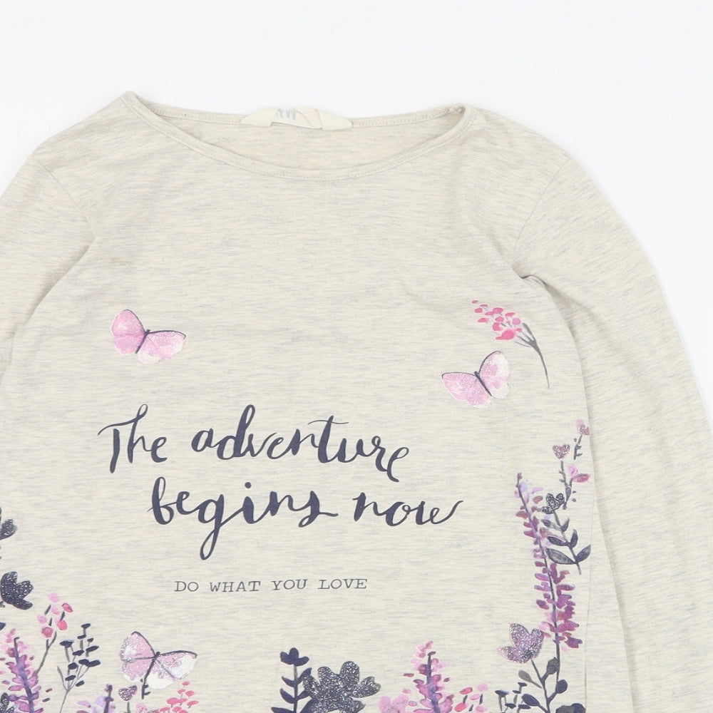 H&M Girls Beige Floral Cotton Basic T-Shirt Size 9-10 Years Round Neck Pullover