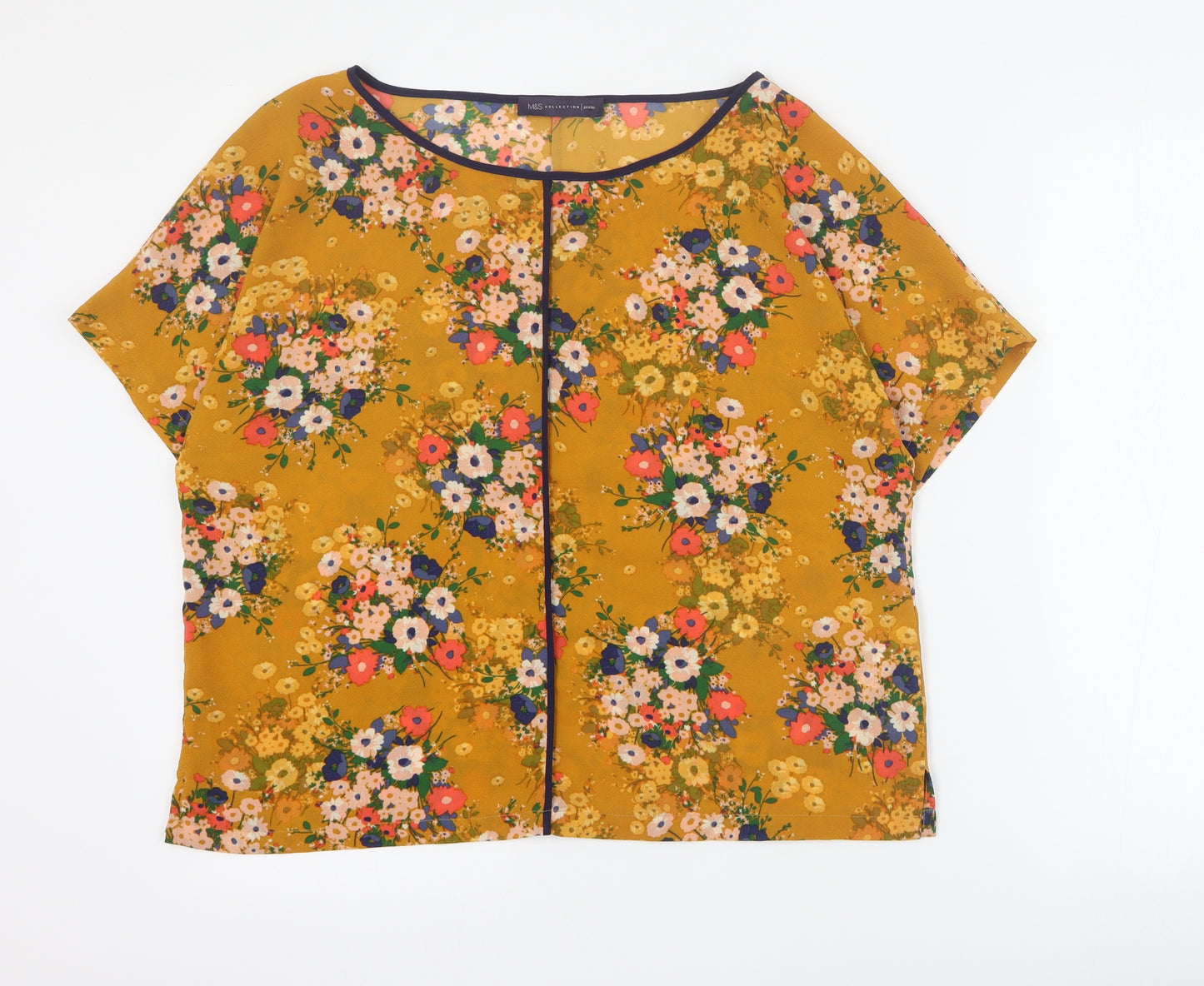 Marks and Spencer Womens Yellow Floral Polyester Basic Blouse Size 12 Round Neck