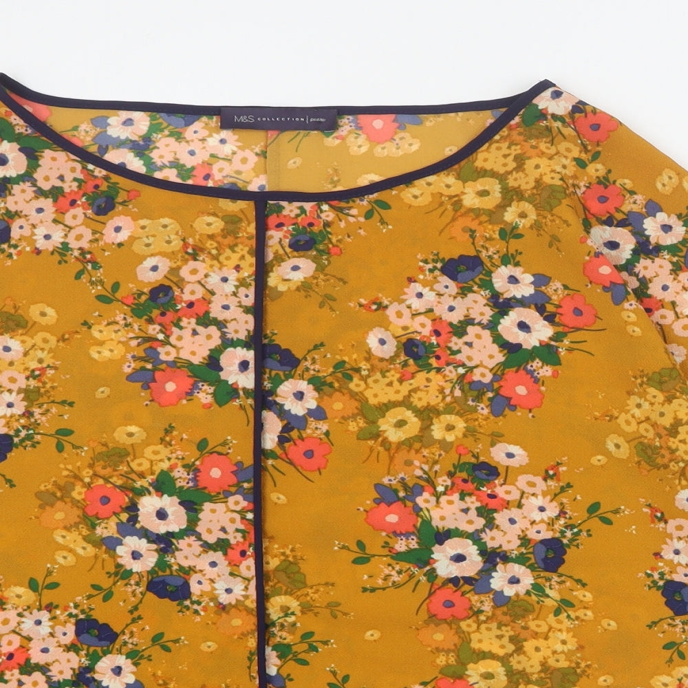 Marks and Spencer Womens Yellow Floral Polyester Basic Blouse Size 12 Round Neck