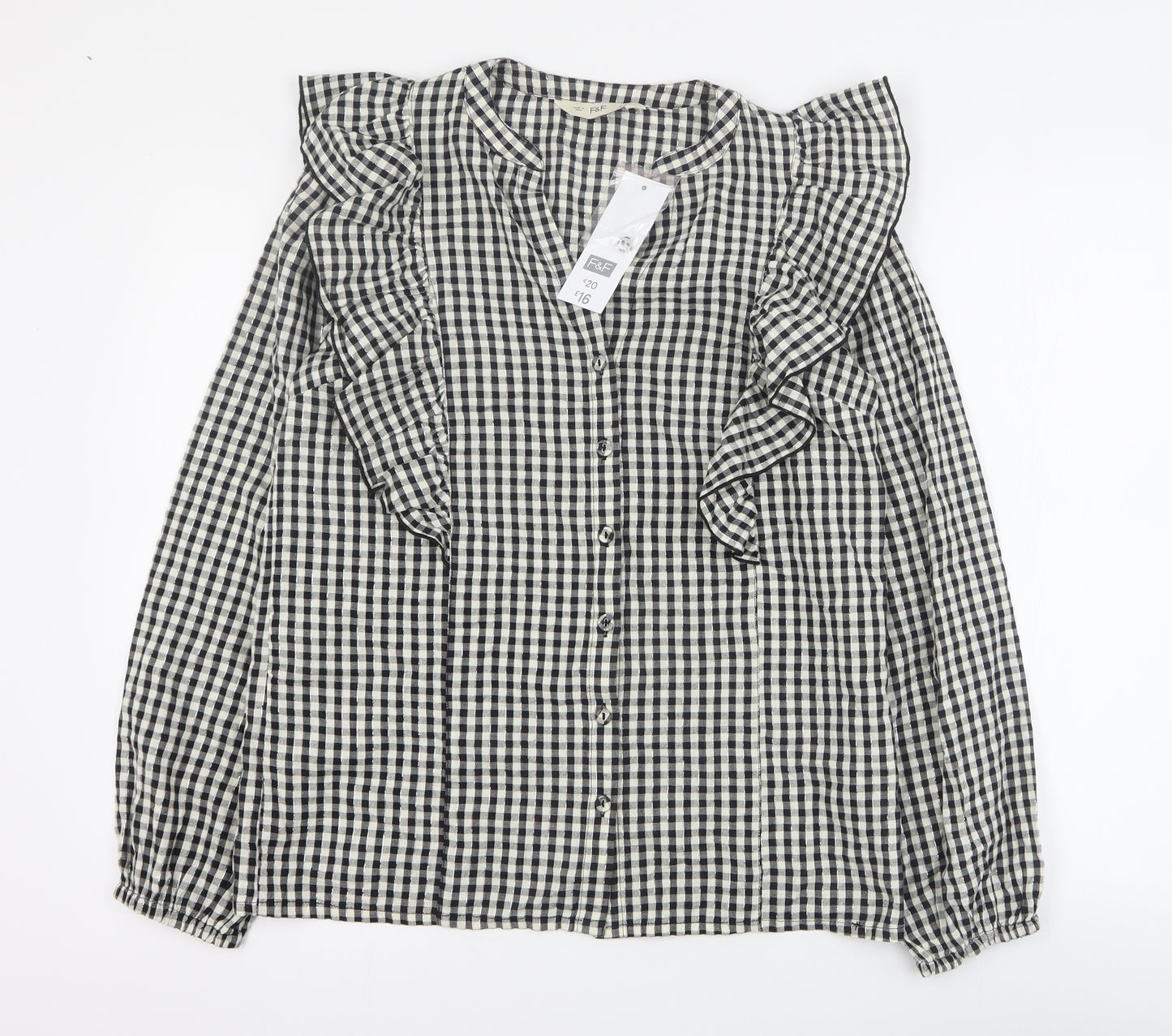 F&F Womens Black Plaid Cotton Basic Button-Up Size 10 V-Neck