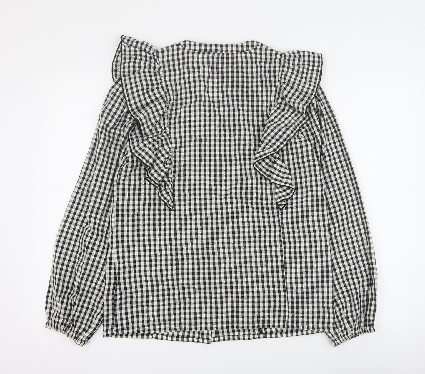 F&F Womens Black Plaid Cotton Basic Button-Up Size 10 V-Neck