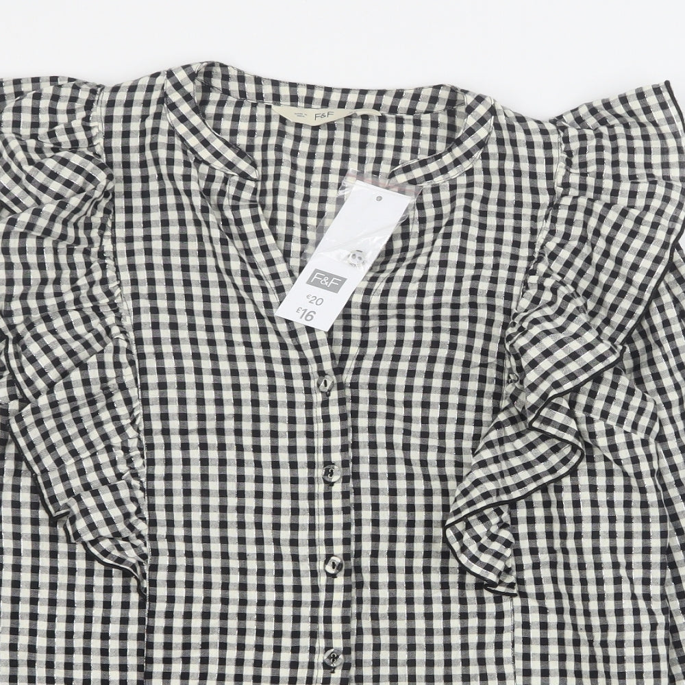 F&F Womens Black Plaid Cotton Basic Button-Up Size 10 V-Neck