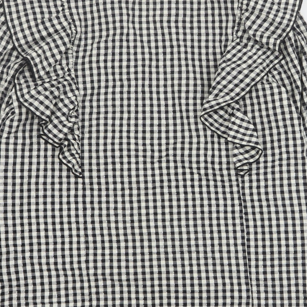 F&F Womens Black Plaid Cotton Basic Button-Up Size 10 V-Neck