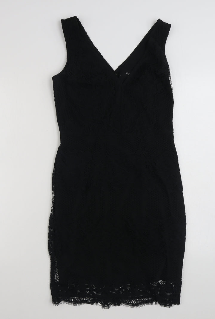 NEXT Womens Black Floral Polyester Shift Size 8 V-Neck Zip