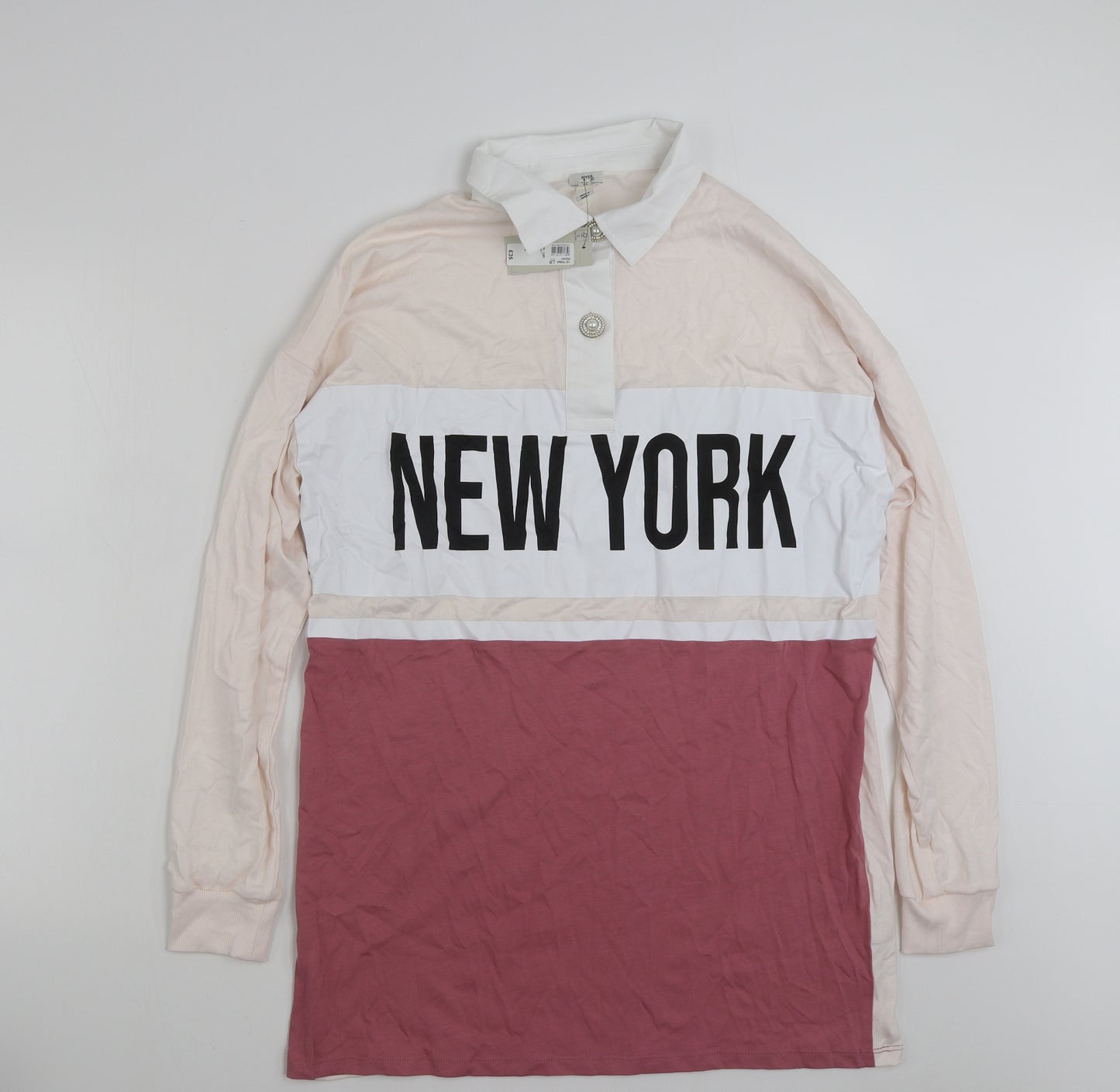 River Island Womens Pink Striped 100% Cotton Basic Polo Size 12 Collared - New York