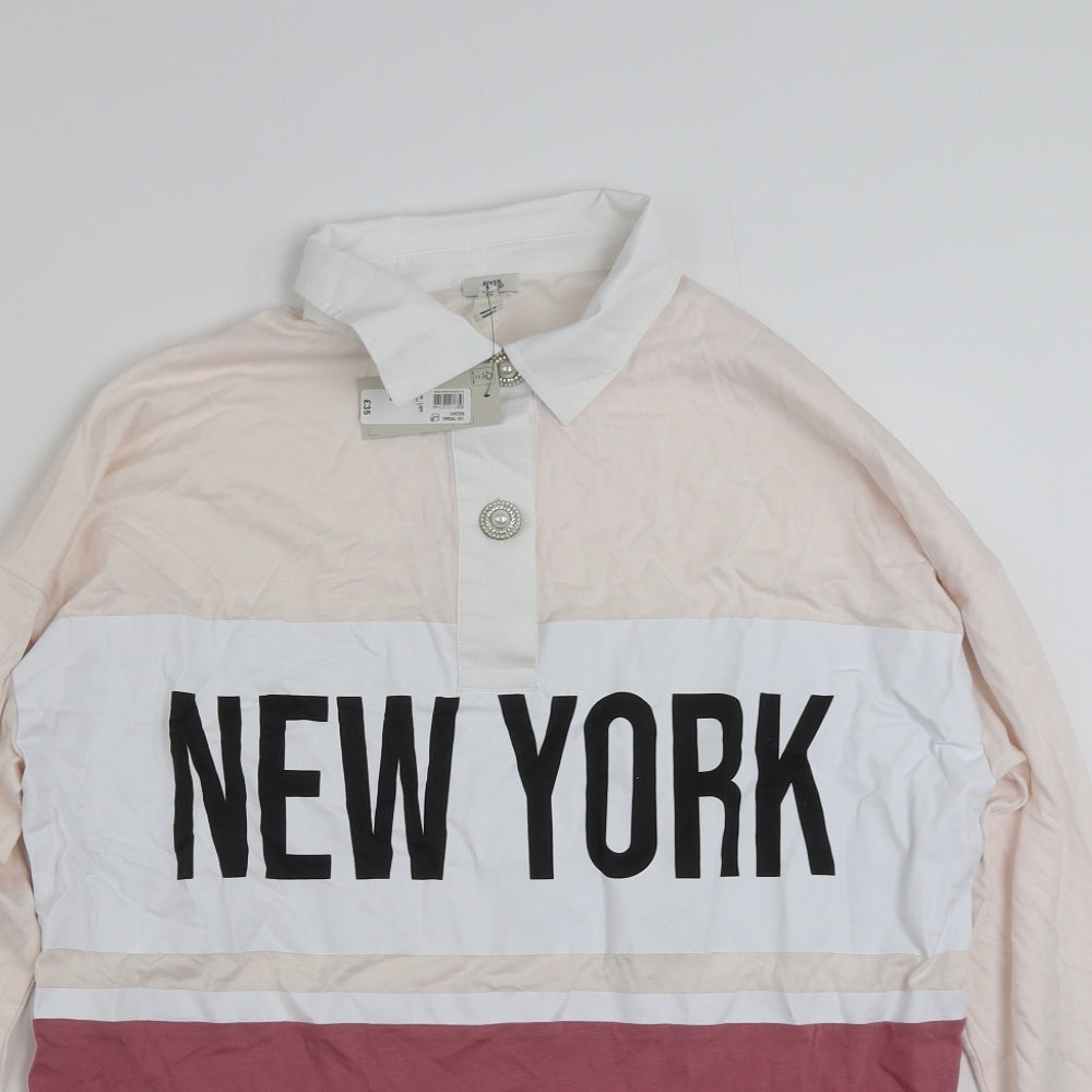 River Island Womens Pink Striped 100% Cotton Basic Polo Size 12 Collared - New York