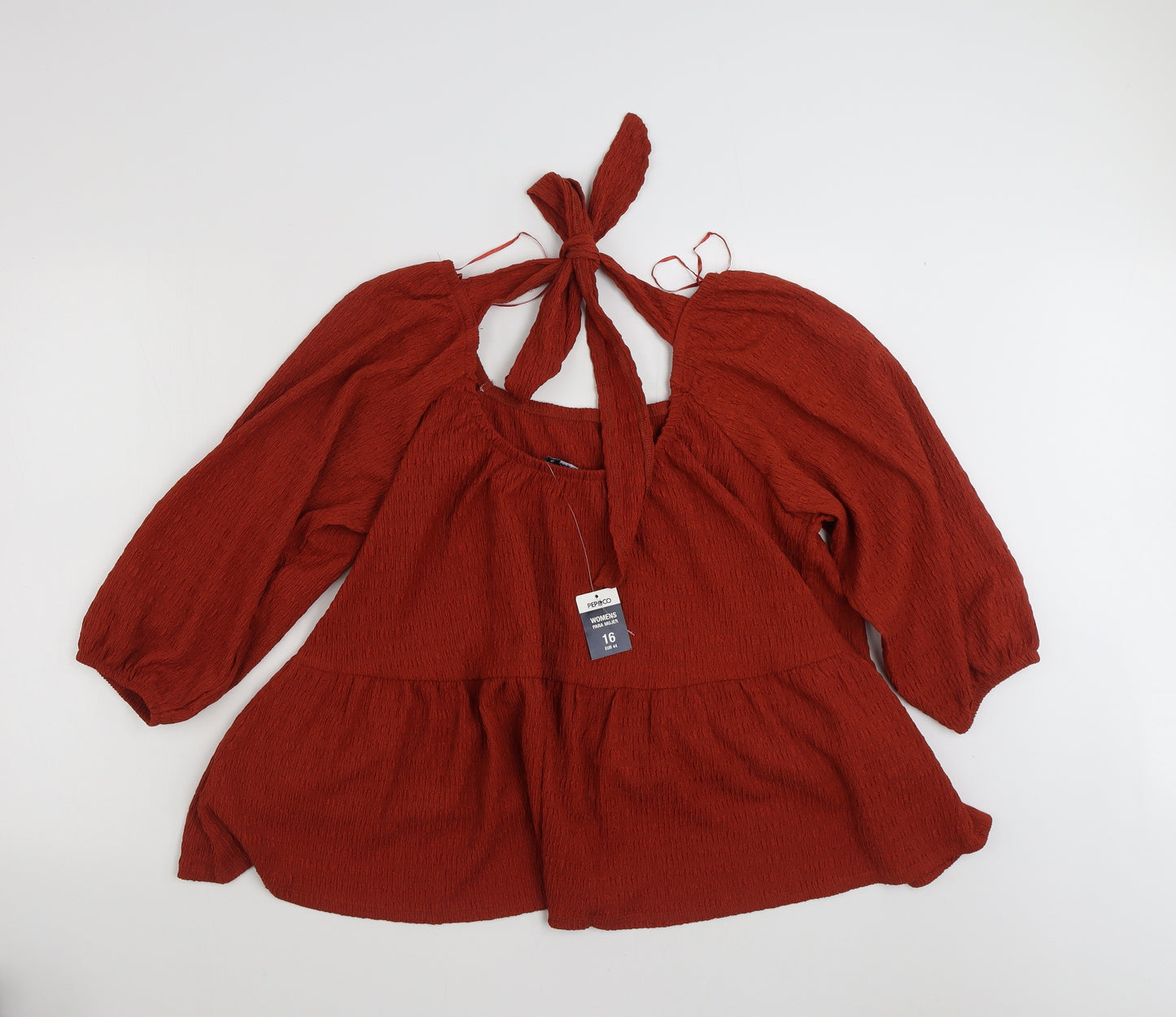 PEP&CO Womens Brown  Polyester Tunic Blouse Size 16 Square Neck - Tie