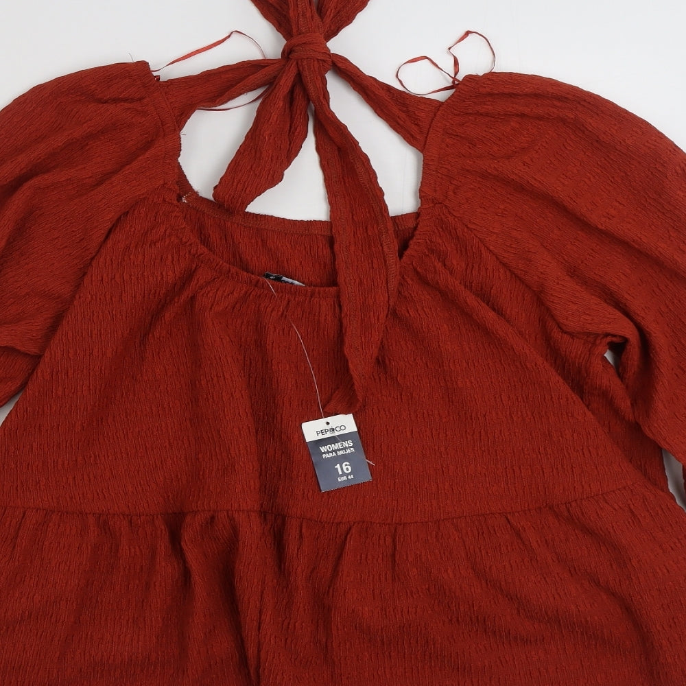 PEP&CO Womens Brown  Polyester Tunic Blouse Size 16 Square Neck - Tie