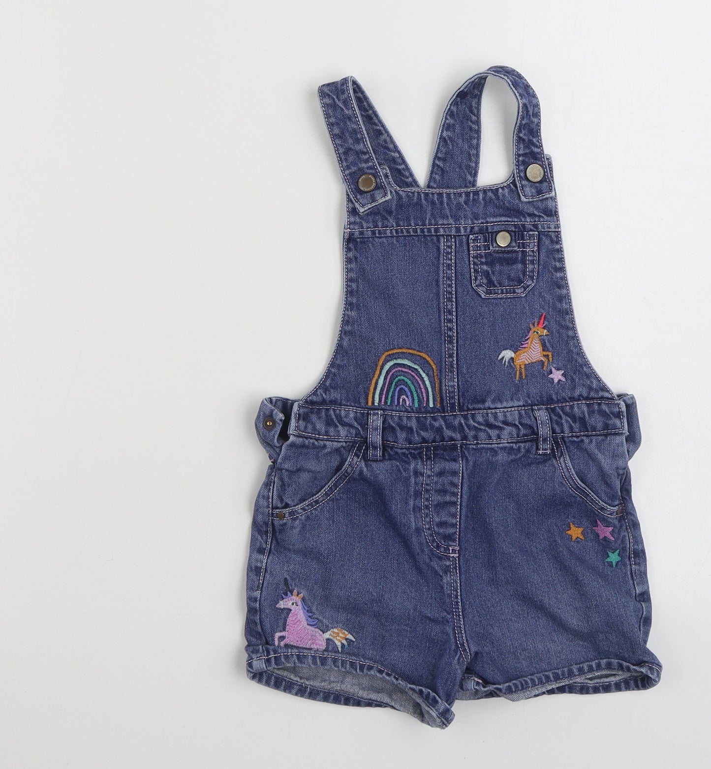 NEXT Girls Blue  100% Cotton Pinafore/Dungaree Dress  Size 4-5 Years  Square Neck Snap - Unicorn