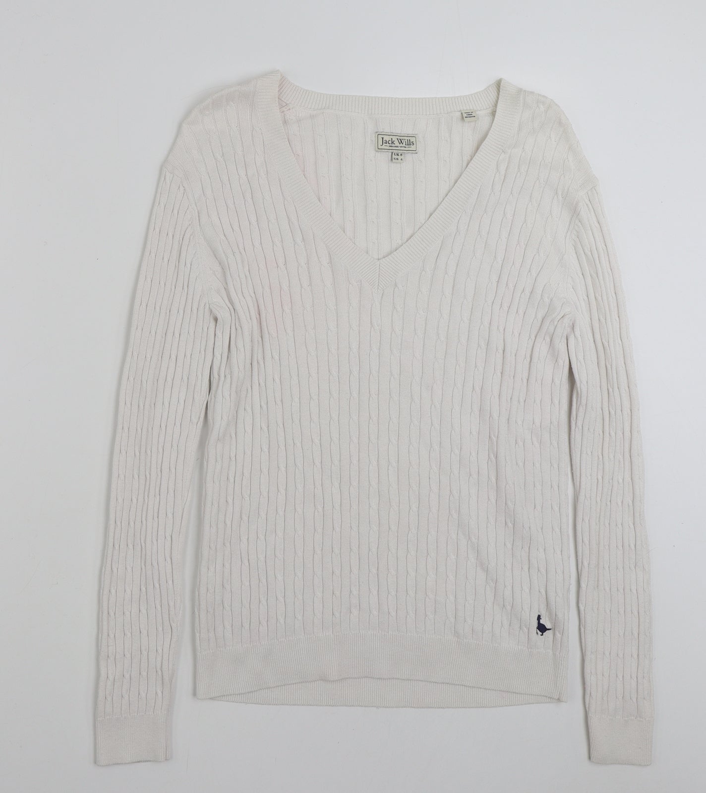 Jack Wills Womens White V-Neck  Cotton Pullover Jumper Size 8