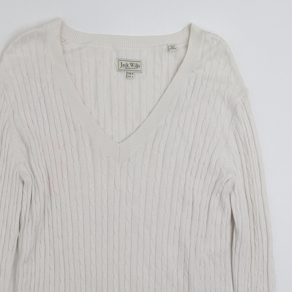 Jack Wills Womens White V-Neck  Cotton Pullover Jumper Size 8