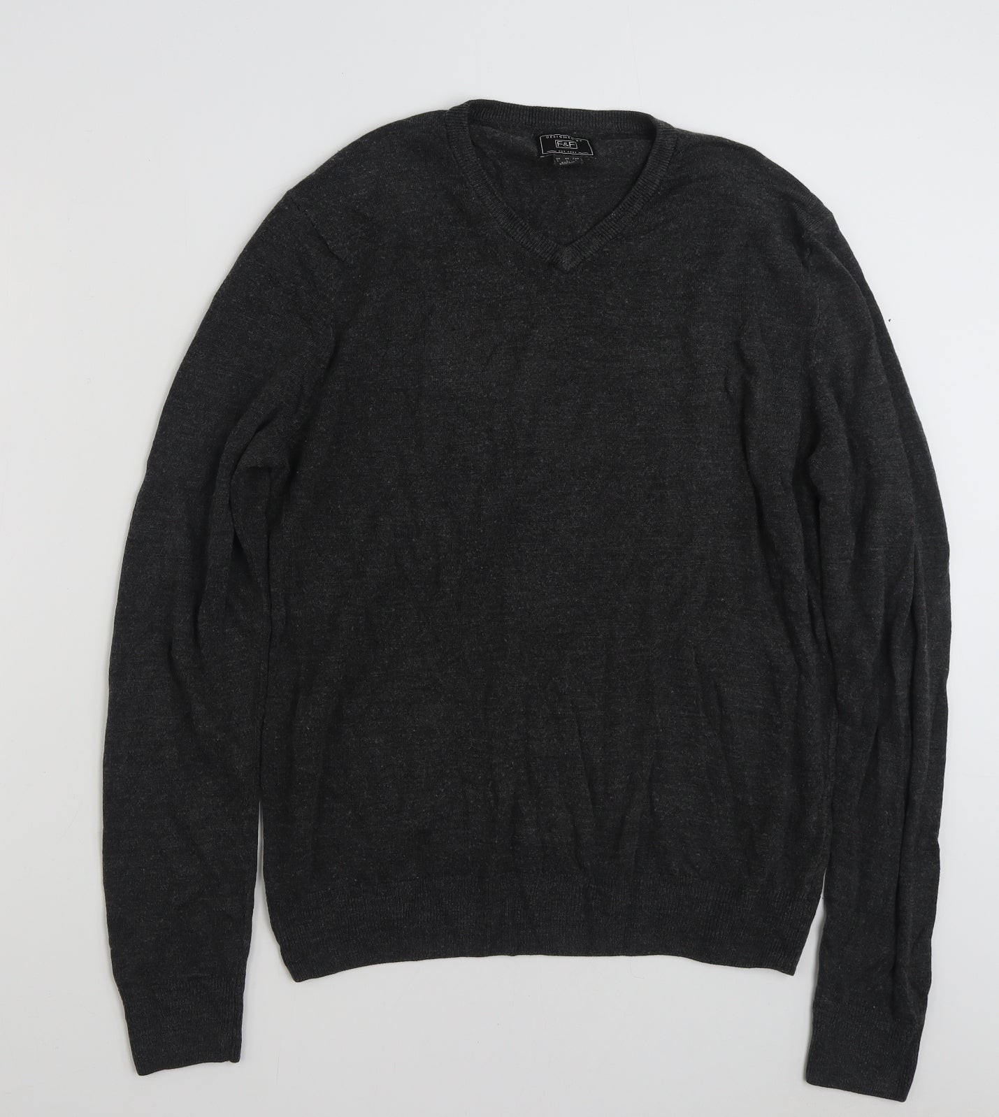 F&F Mens Grey V-Neck  Acrylic Pullover Jumper Size L