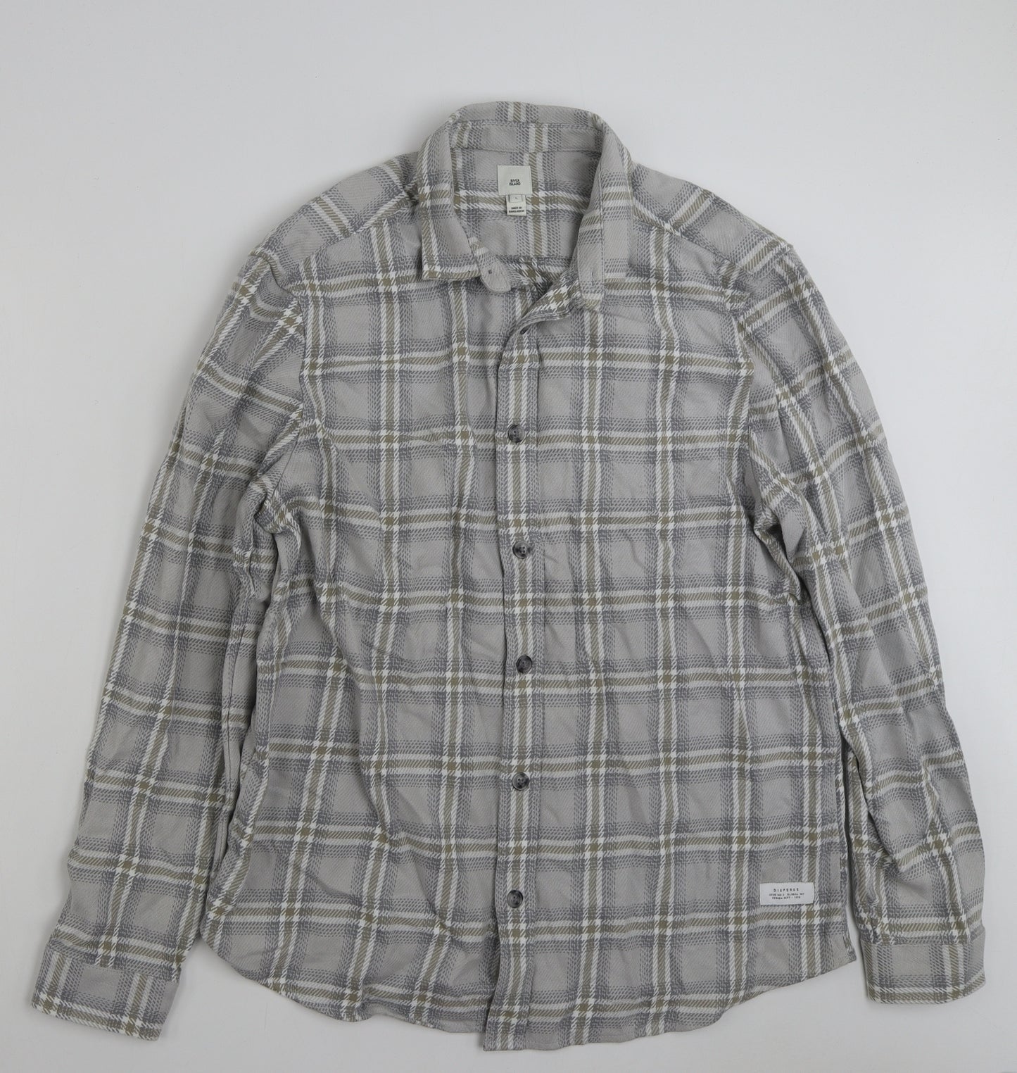 River Island Mens Grey Plaid Cotton  Button-Up Size L Collared Button