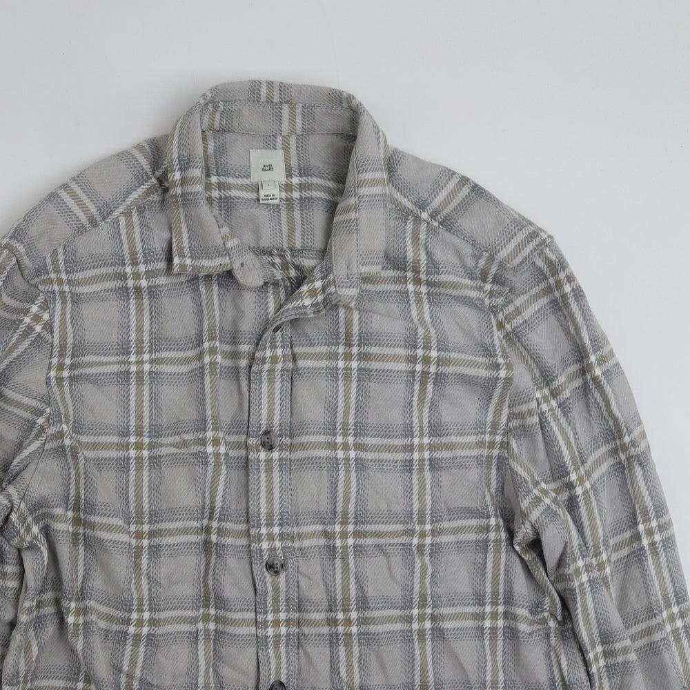 River Island Mens Grey Plaid Cotton  Button-Up Size L Collared Button