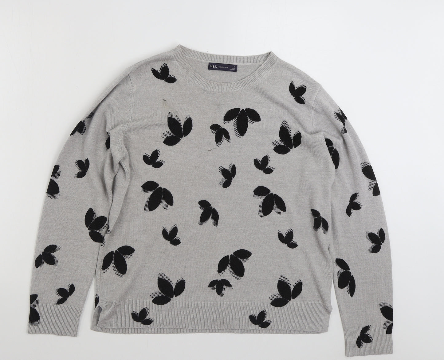 Marks and Spencer Womens Grey Crew Neck Floral Acrylic Pullover Jumper Size 14