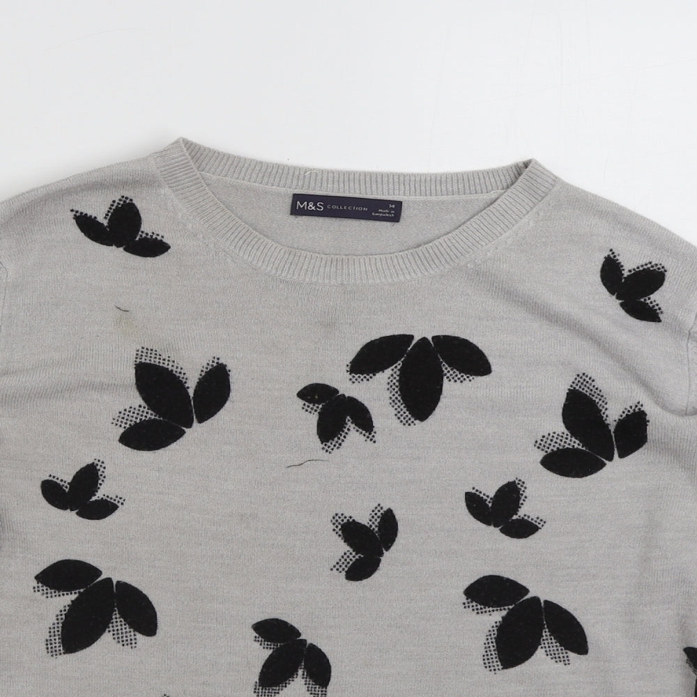 Marks and Spencer Womens Grey Crew Neck Floral Acrylic Pullover Jumper Size 14