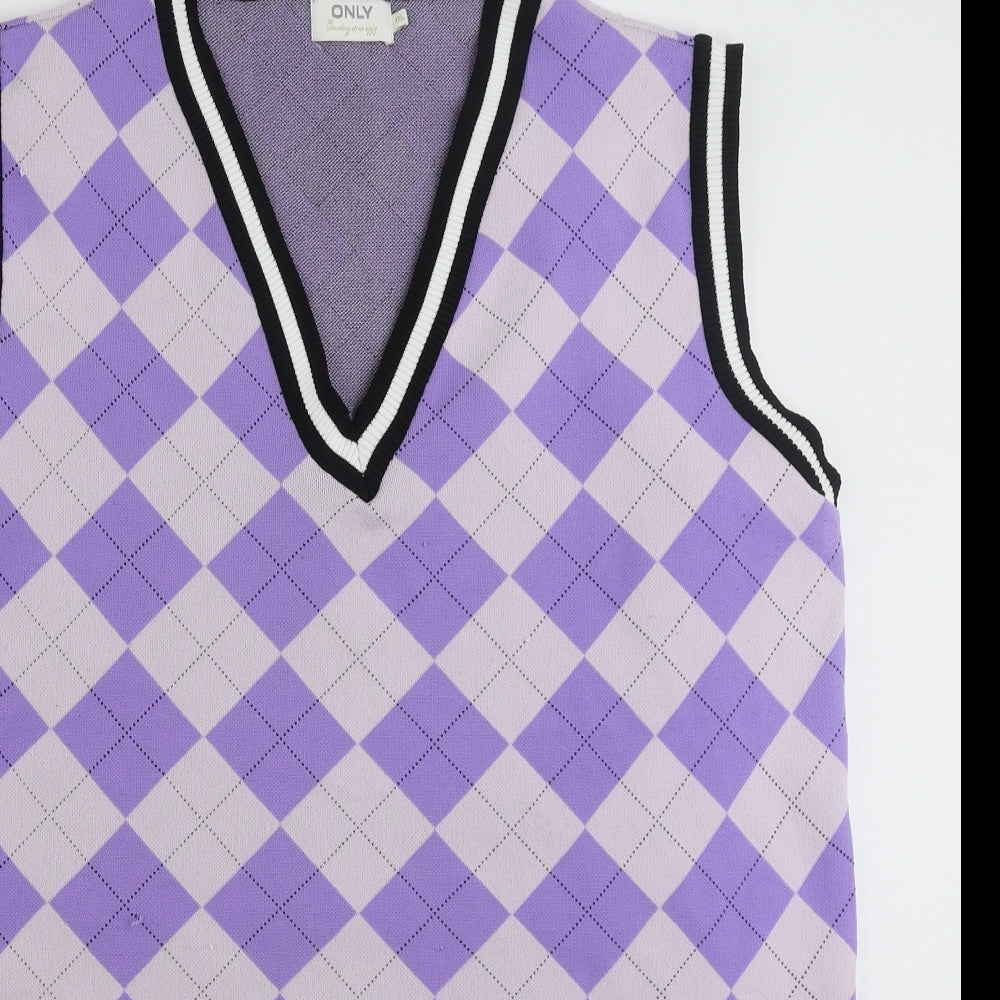 Only Womens Purple V-Neck Geometric Polyester Vest Jumper Size 2XL