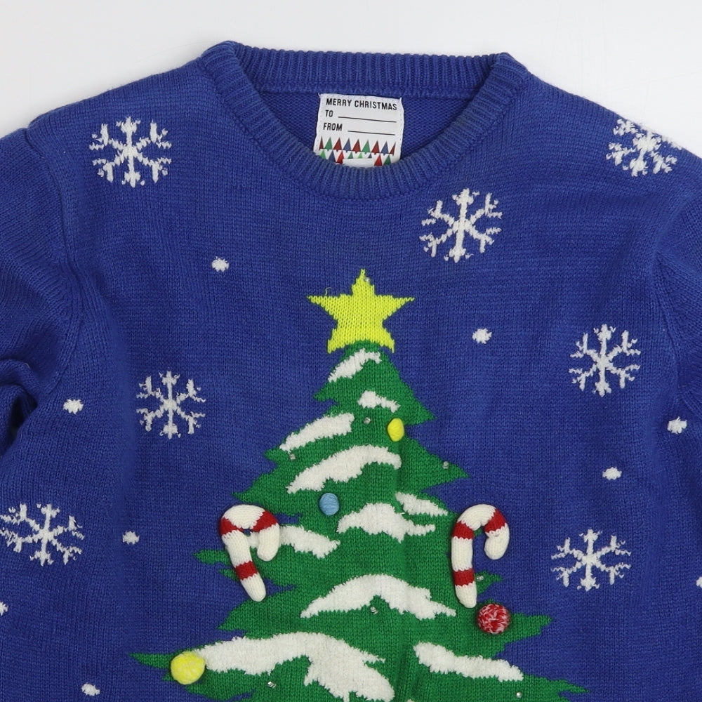 Primark Mens Blue Crew Neck  Acrylic Pullover Jumper Size L   - Christmas