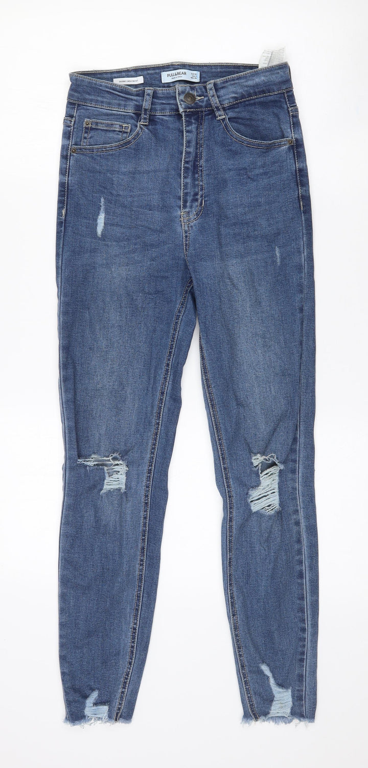 Pull&Bear Womens Blue Cotton Skinny Jeans Size 8 L26 in Slim Zip - Ripped