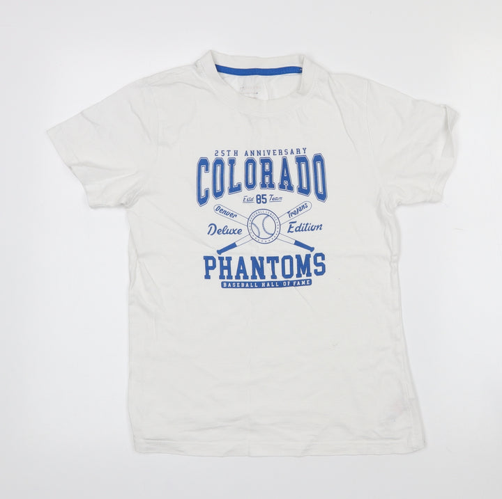 Primark Boys White  Cotton Pullover T-Shirt Size 9-10 Years Crew Neck  - Baseball