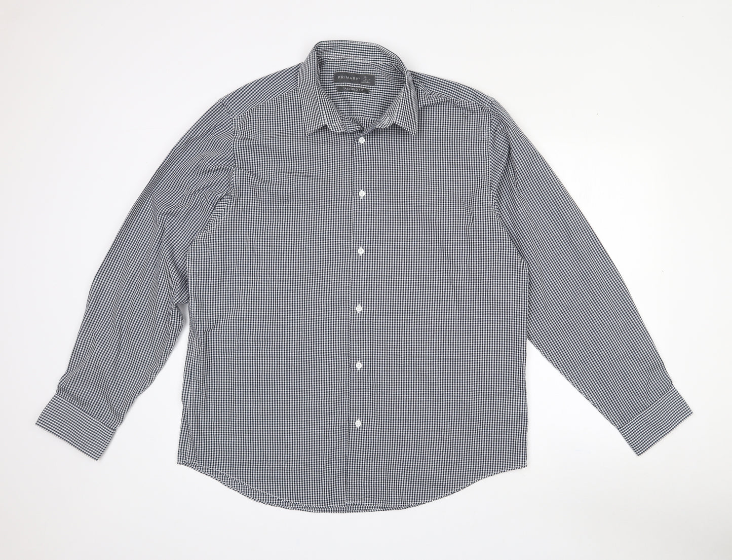 Primark Mens Black Check Polyester  Dress Shirt Size 17 Collared Button - Tailored fit