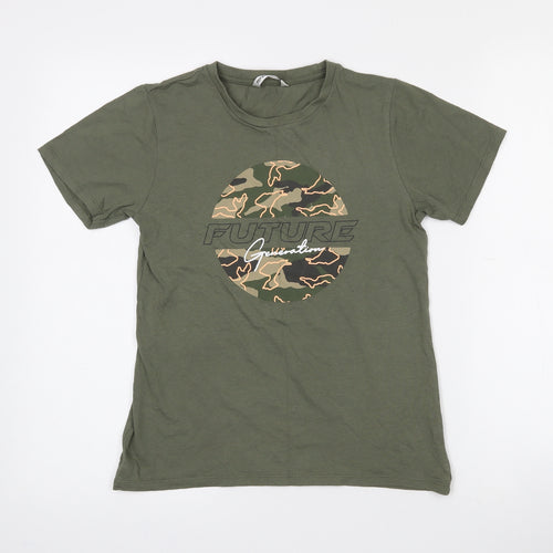 Pep & Co Girls Green Camouflage 100% Cotton Pullover T-Shirt Size 10-11 Years Crew Neck  - Future Generation