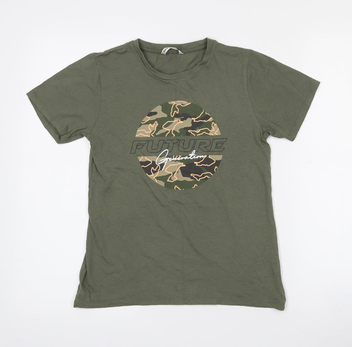 Pep & Co Girls Green Camouflage 100% Cotton Pullover T-Shirt Size 10-11 Years Crew Neck  - Future Generation