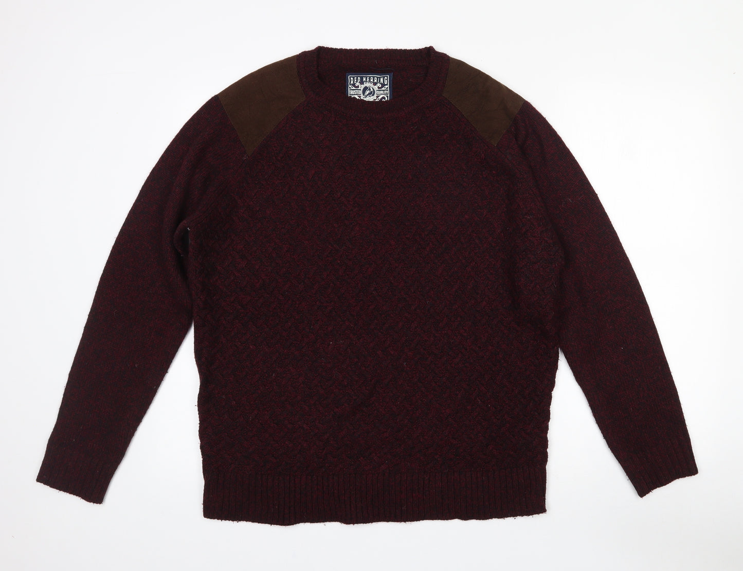 Red Herring Mens Red Crew Neck  Acrylic Pullover Jumper Size L   - Burgandy