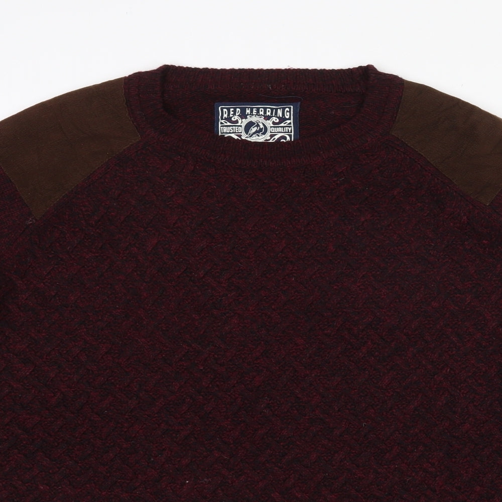 Red Herring Mens Red Crew Neck  Acrylic Pullover Jumper Size L   - Burgandy