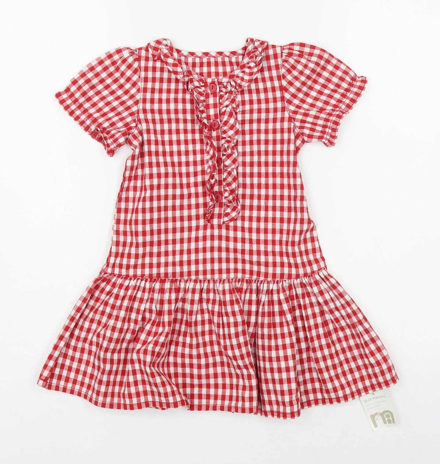 Mothecare Girls Red Gingham 100% Cotton Shirt Dress  Size 18-24 Months  Round Neck Button